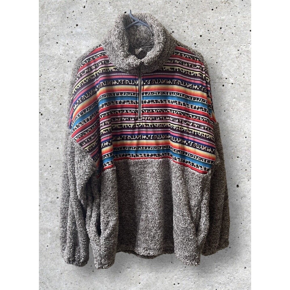 NWT Sunshine & Rodeos Gray Fleece Southwestern Aztec Print Pullover Fleece Sz. L